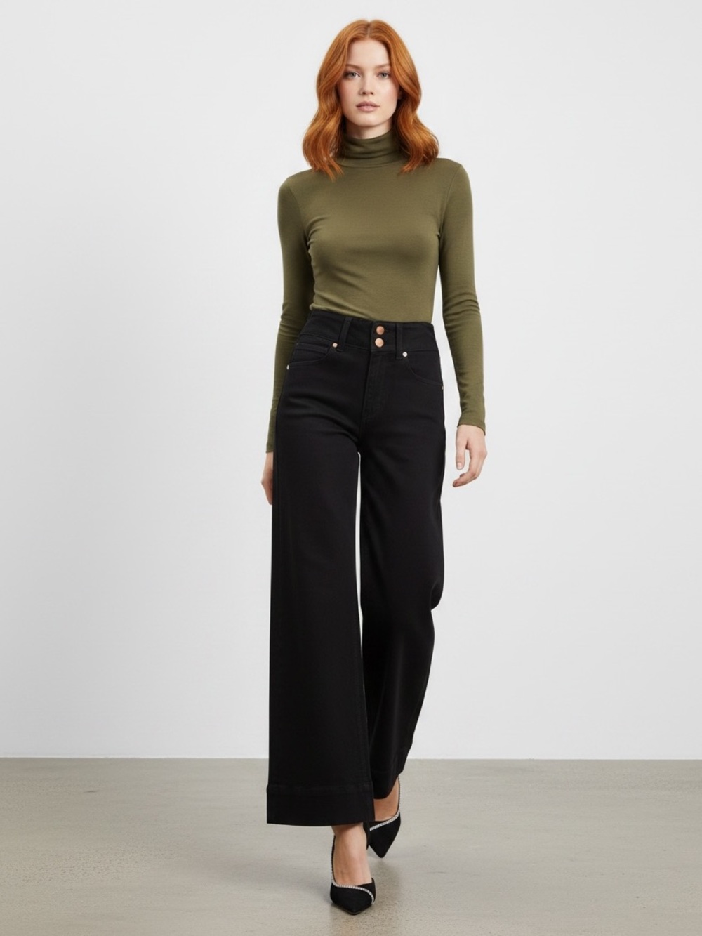 1597 • Saturated Black High Waist Wide Leg Soft Stretch Cotton Blend Jeans